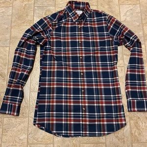 Mizzen + Main Flannel Button Down Shirt Large Tall Blue Red Plaid Trim Fit.